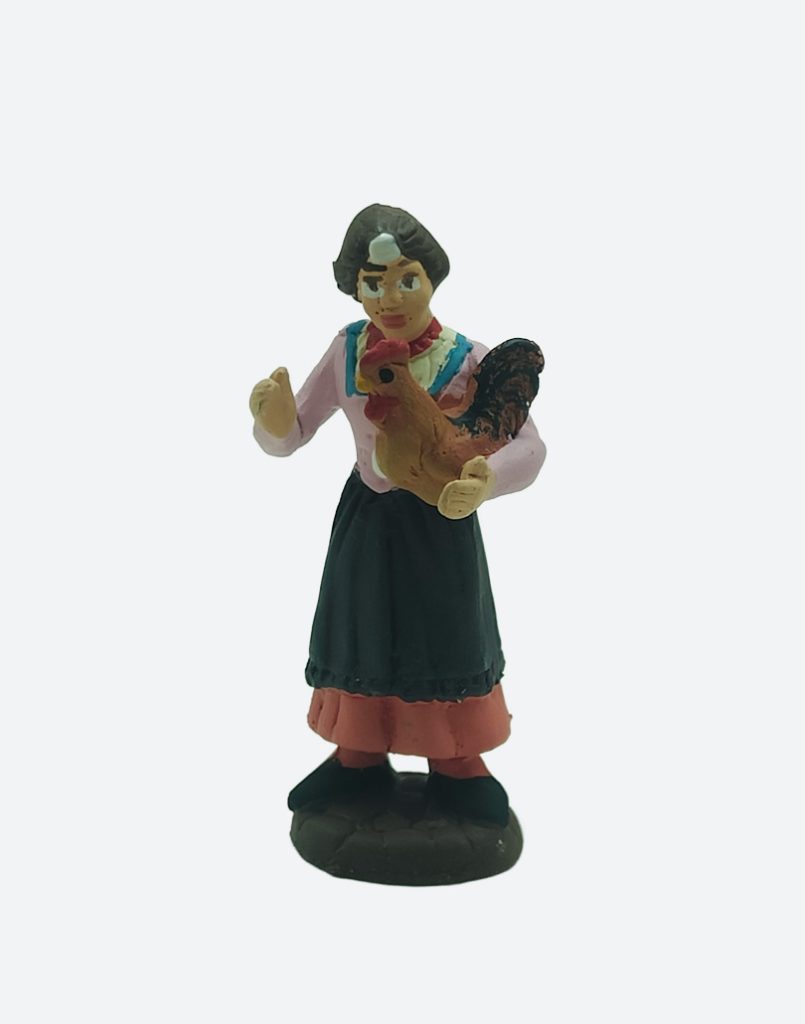 Donna con gallina in terracotta colorata a mano per presepe napoletano 7 cm