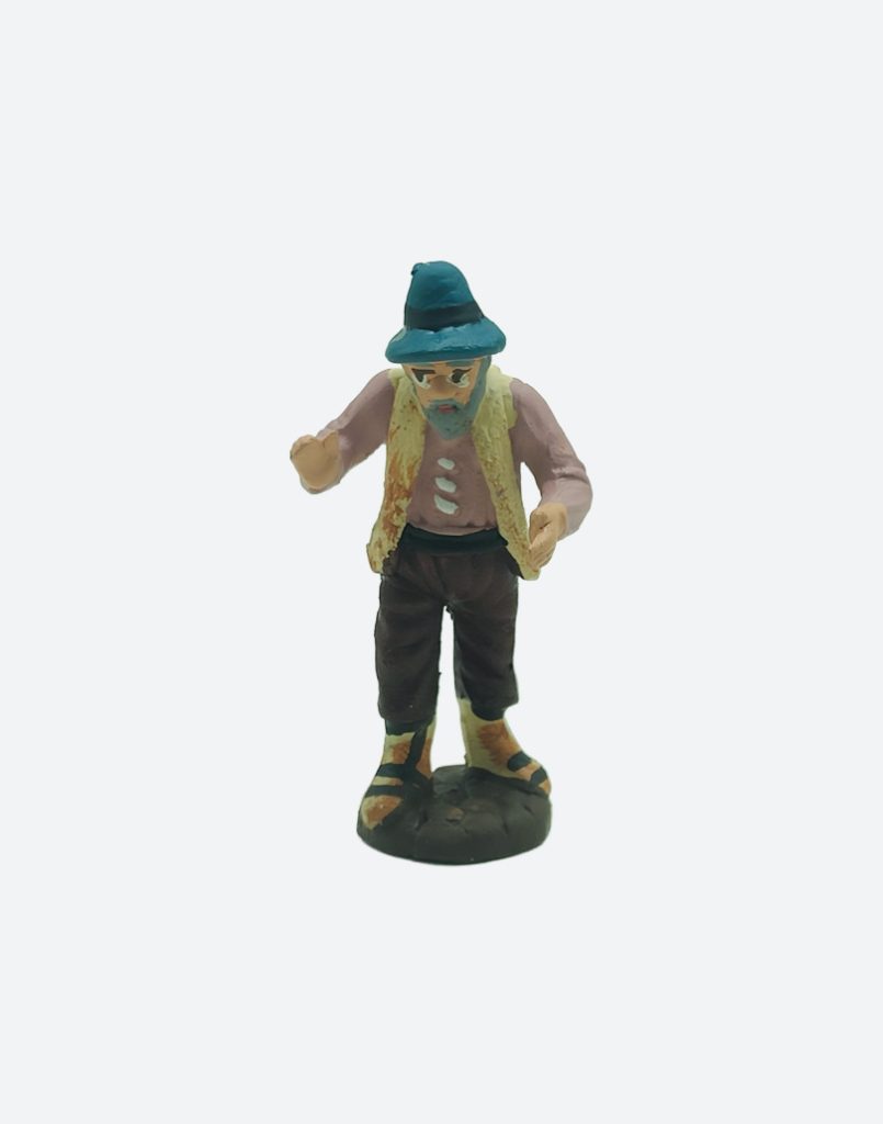 Pastore anziano con cappello in terracotta colorato a mano per presepe napoletano