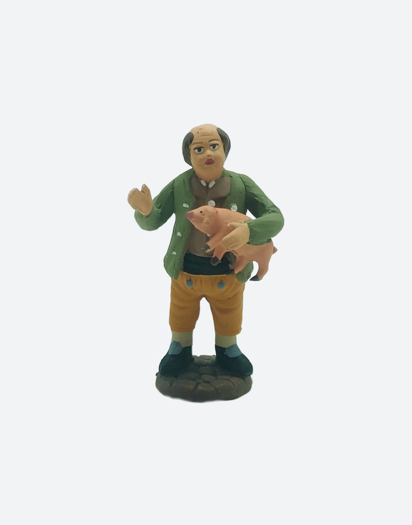 Pastore con maialino in terracotta colorato a mano per presepe napoletano 7 cm