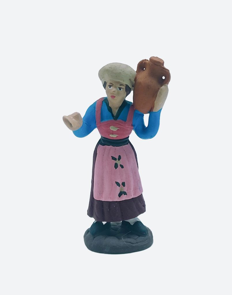 Donna con anfora in spalla in terracotta colorata a mano per presepe napoletano 7 cm