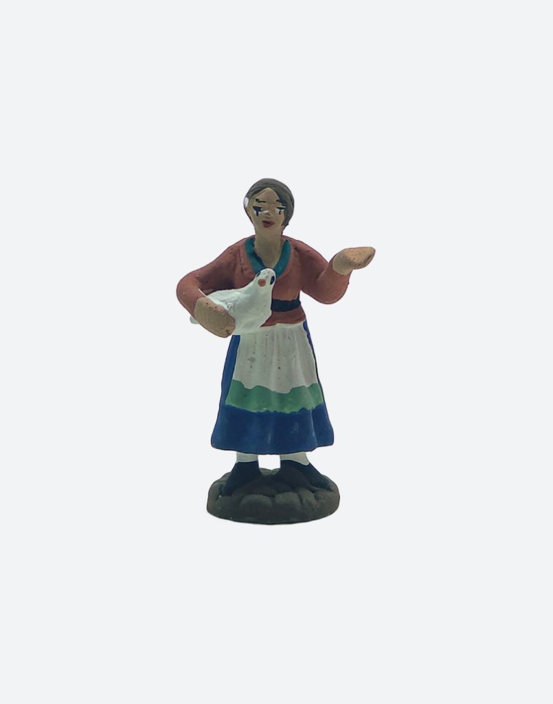 Donna con colomba bianca in terracotta colorata a mano per presepe napoletano 5 cm