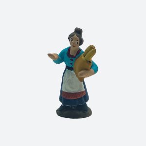 Donna con cesta di pane in terracotta colorata a mano per presepe napoletano 5 cm