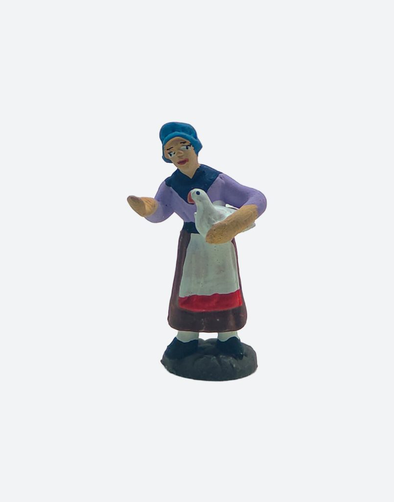 Donna con oca bianca in terracotta colorata a mano per presepe napoletano 5 cm